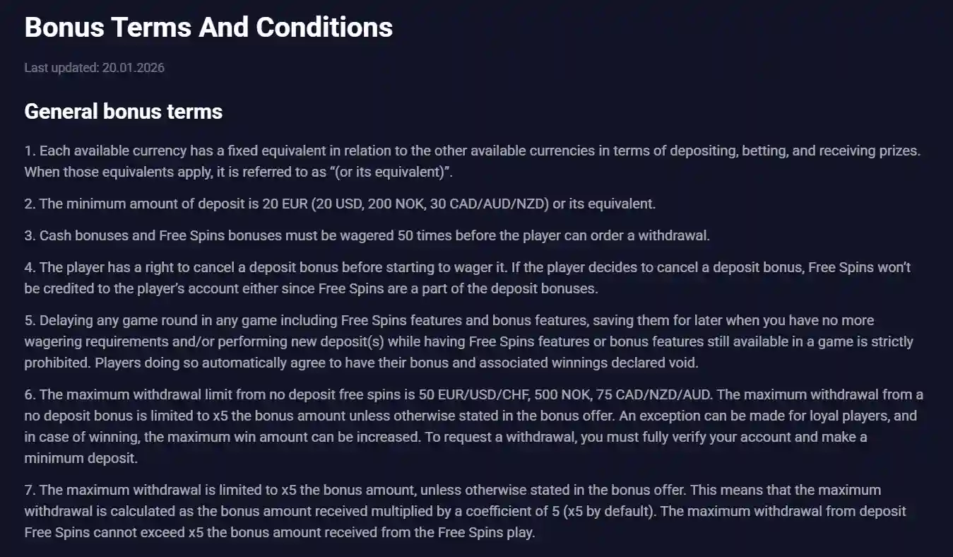 Current Jet4Bet bonus terms showing minimum deposit and wagering conditions