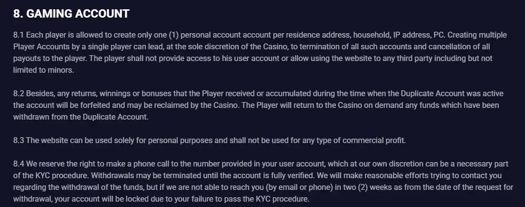 Official Jet4Bet KYC information showing identity, address and payment evidence categories