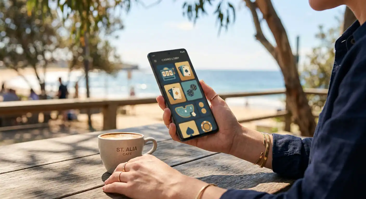 Editorial illustration of casino browsing on a mobile device in an Australian setting