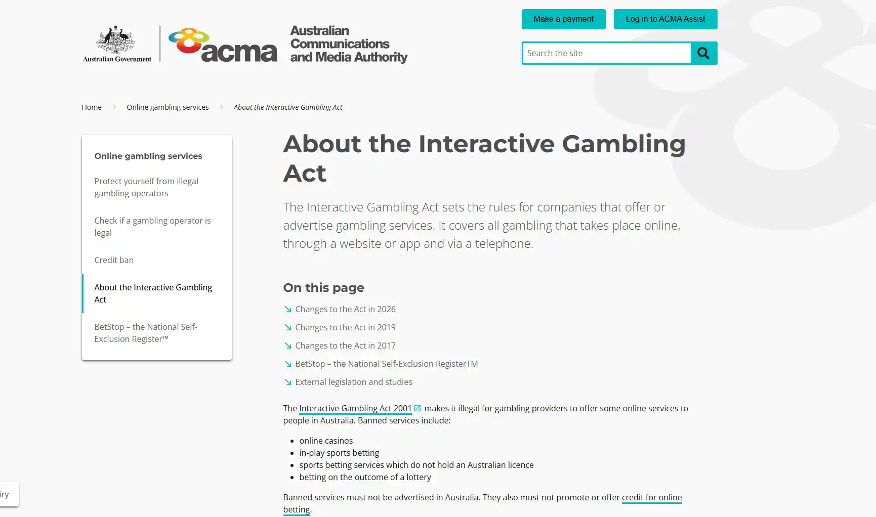 Reference view of ACMA information about online casino services in Australia